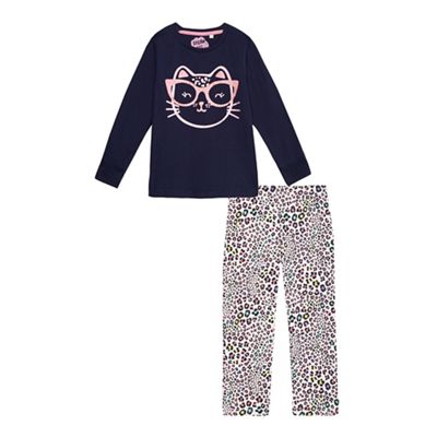 bluezoo Girls' multi-coloured cat face and leopard print pyjama set